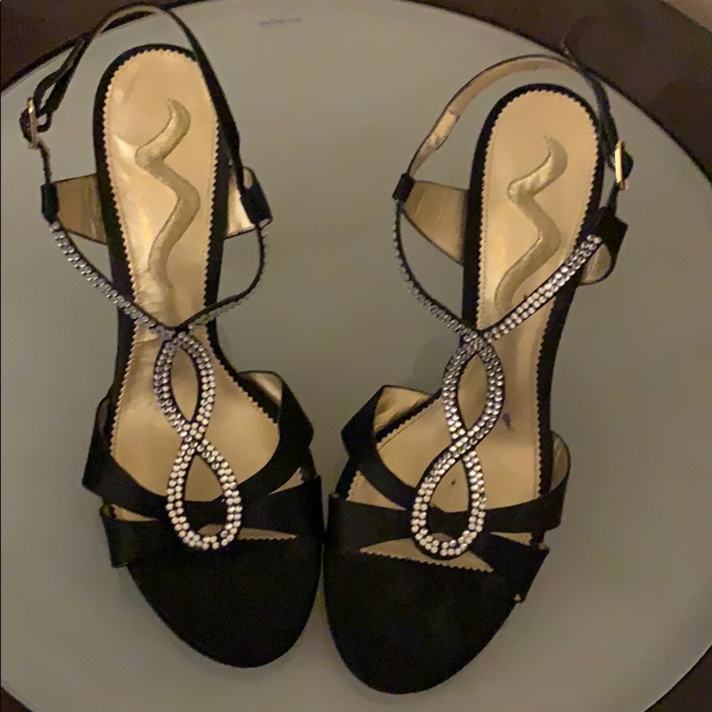 Black Satin Rhinestone accented shoes.